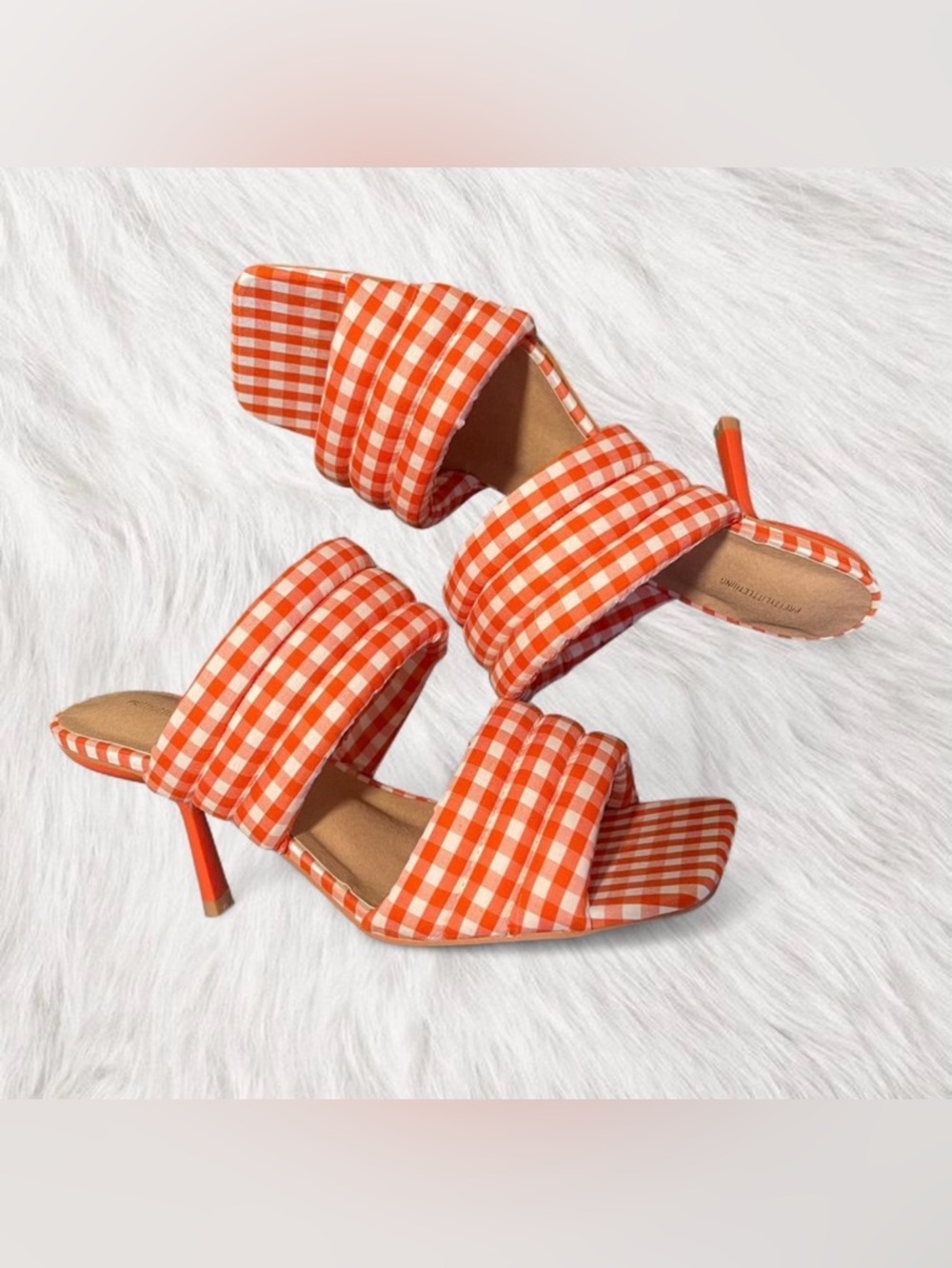 Prettylittlething Orange Gingham Square Toe Kitten Heels - Picture 3 of 4